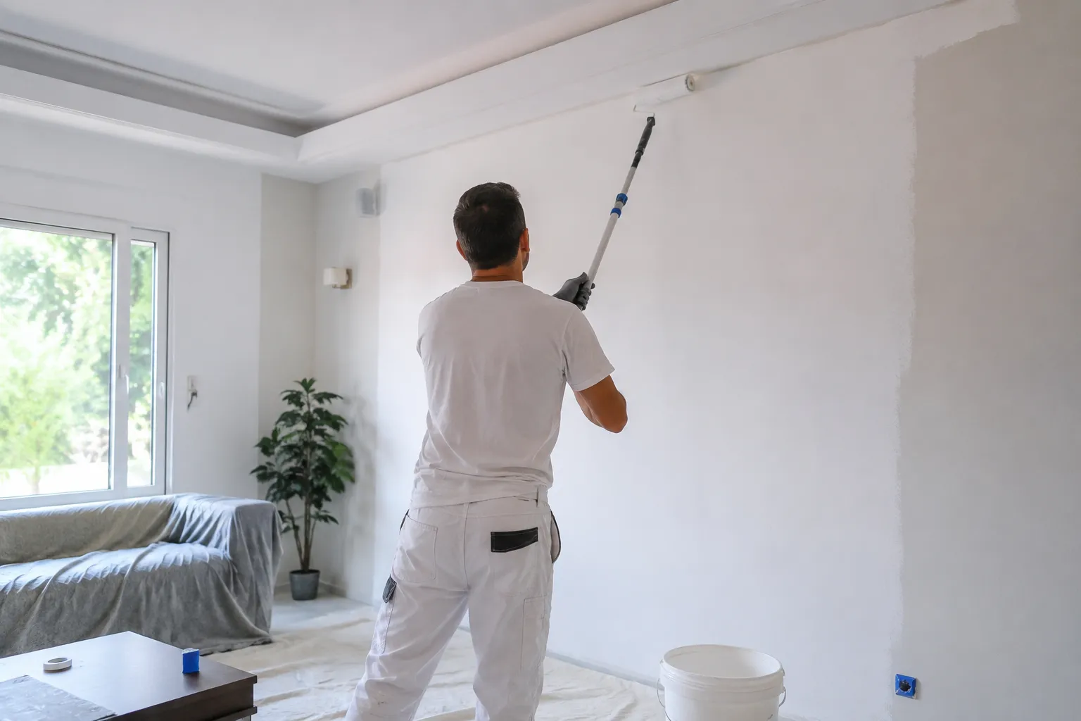 Application d'une peinture blanche à la perche